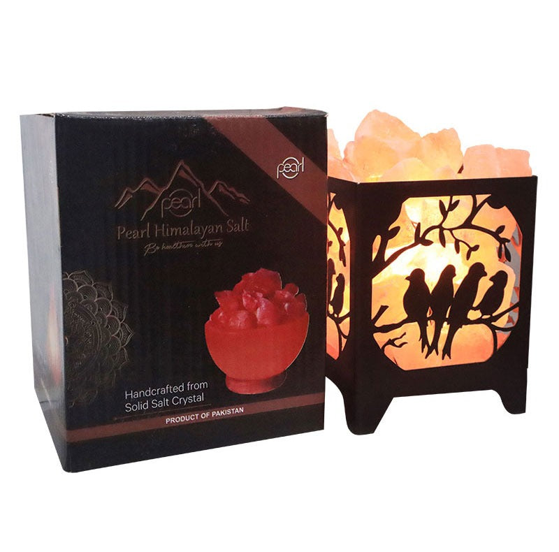 Pearl Himalayan salt lamp - Bird design metal basket